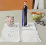 Marcia Perkins, Untitled - Jar, Cup, Napkin, oil on wood board