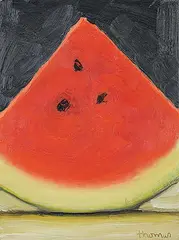 Watermelon Slice by Les Thomas, 1995, oil on wood board, sold May 2021