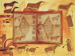 Joane Cardinal-Schubert, Horse Effects - Urban Parfleche, mixed media collage on paper
