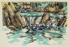 Second Ford, Highwood by Edward William Godwin, hand coloured monoprint on paper, sold Apr 2021