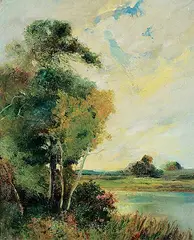 Augustus - Attributed to Kenderdine, Untitled - Trees on the Bank, oil on paper board