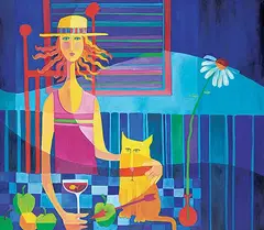 Lunching with a Pink Nosed Cat by Audrey Mabee, 1996, oil on canvas, sold Apr 2021