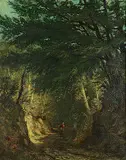Woman in Fontainbleau Forest [Ramasseuse de Fagos, dans la Foret de Fontainebleau] by Narcisse Virgile-Attributed to Diaz de la Pena, 1850, oil on canvas, sold Apr 2021