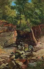 Stanally Clough, Todmorden [The Artist Sketching] by John Holland, 1860, oil on canvas, sold Apr 2021
