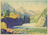 Bow Falls Banff, Ed. 2 #14/100 by Margaret Shelton, 1972, lino block in eight colours on paper, sold Apr 2021