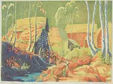 Homestead at Revelstoke #111/150 by Margaret Shelton, 1943, lino block in eight colours on paper, sold Apr 2021