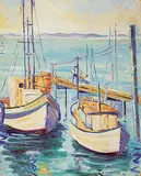 Katherine June Stafford, Fishing Boats, 1957, oil on paper board