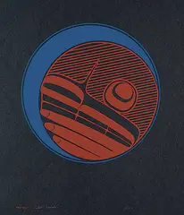 Moon [Red and Green on Black] #78/274 by Robert Davidson, 1976, colour silkscreen on paper, sold Mar 2021