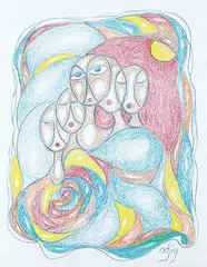 Daphne Odjig, Family Ties, 2016, coloured pencil on paper