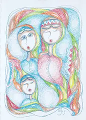 Daphne Odjig, Sisters, 2016, coloured pencil on paper