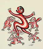 Daphne Odjig, Nanabush and the Dancing Ducks [Red], 1975, colour silkscreen on paper