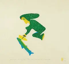 Luke Anguhadluq, A Woman Cleaning Fish #17/50, 1980, colour relief print on paper