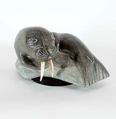 Tivi Ilisituk, Untitled - Resting Walrus, 1975, grey stone carving with bone
