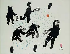 Napachie Pootoogook, Eskimo Family Playing Ball #25/50, 1961, colour stonecut and stencil on paper