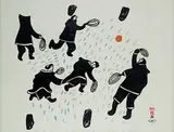 Napachie Pootoogook, Eskimo Family Playing Ball #25/50, 1961, colour stonecut and stencil on paper