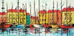 Untitled - Boats in the Harbour by Carlos Barcelona, 1969, oil on canvas, sold Nov 2020