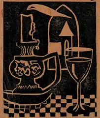 Maxwell Bennett Bates, Untitled - Still Life with Candle and Wine, lino block on tissue paper
