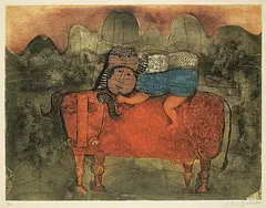 Rodo Graciela Boulanger, Untitled - Kids on a Cow #19/100, colour etching on paper