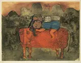 Rodo Graciela Boulanger, Untitled - Kids on a Cow #19/100, colour etching on paper