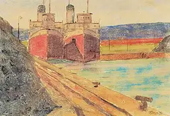 Albert Franck, Untitled - Boats at Dock, 1940, colour monoprint on paper