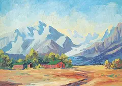 Reginald Llewellyn Harvey, Untitled - Last Stop Before the Mountains, oil on paper board