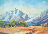 Reginald Llewellyn Harvey, Untitled - Last Stop Before the Mountains, oil on paper board