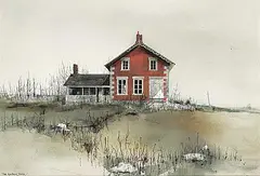 David Bryan Holmes, The Red Brick House, 1969, mixed media on wood board