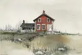 David Bryan Holmes, The Red Brick House, 1969, mixed media on wood board