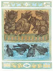 Dora Helen Mackie, Squirrels and Sparrows #17/25, colour etching and wood block on paper