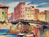 George Campbell Tinning, Untitled - Busy Bridge, 1945, watercolour on paper