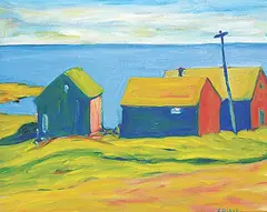 Douglas Cosbie Ware, Untitled - Three Ocean Shacks, acrylic on canvas board