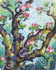 Sybil Andrews, Untitled - Woodpeckers in the Cherry Tree, oil on paper