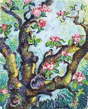 Sybil Andrews, Untitled - Woodpeckers in the Cherry Tree