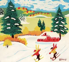 Maud Lewis, Untitled - Two Skiers, enamel on paper board