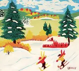Maud Lewis, Untitled - Two Skiers, enamel on paper board