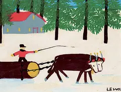 Maud Lewis, Untitled - Oxen Hauling Logs, enamel on paper board