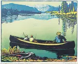 Fishing on the Bow #120/200 by Margaret Shelton, 1945, lino block in six colours on paper, sold Nov 2020