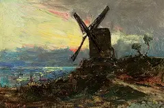 Jacob Maris, Untitled - Windmill at Sunset, oil on canvas board
