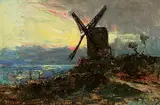 Jacob Maris, Untitled - Windmill at Sunset, oil on canvas board
