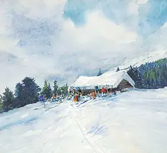 John William Harvie, Halfway Hut, watercolour on paper