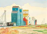 Victor R. Brosz, Elevators at Nanton [#29], 1981, watercolour and ink on paper