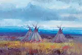 Ron Bailey, Untitled - Group of Tipis, 1980, oil on wood board