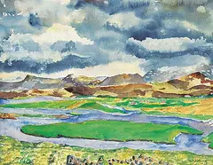 Bernt Balchen, From Hvita Looking Towards Hjardarholt, Iceland, 1955, watercolour on paper