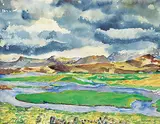 Bernt Balchen, From Hvita Looking Towards Hjardarholt, Iceland, 1955, watercolour on paper