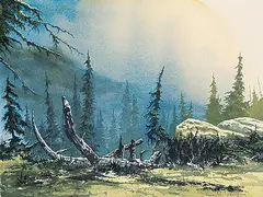 Untitled - Morning Mist by Simon H. Camping, watercolour on paper, sold May 2020
