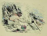 René Richard, Untitled - The Campfire #IV, hand coloured lithograph on paper