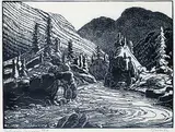 The Fraser Canyon #73/100 by Margaret Shelton, 1943, lino block on paper, sold May 2020