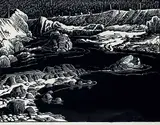 Thomson River Near Lytton B.C. #6/50 by Margaret Shelton, 1943, lino block on paper, sold May 2020