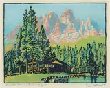 Castle Mountain #83/100 by Margaret Shelton, 1944, lino block in five colours on paper, sold May 2020
