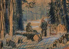 Clarence Gagnon, Trappeur dans la Foret, Charlevoix, pastel and graphite on paper